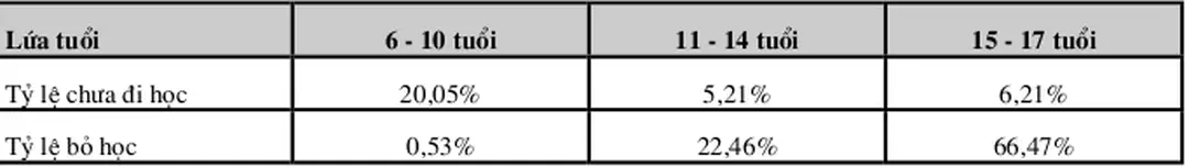 Bảng này cho ta thấy tỷ lệ trẻ em từ 6 đến 10 tuổi không được đi học rất cao.