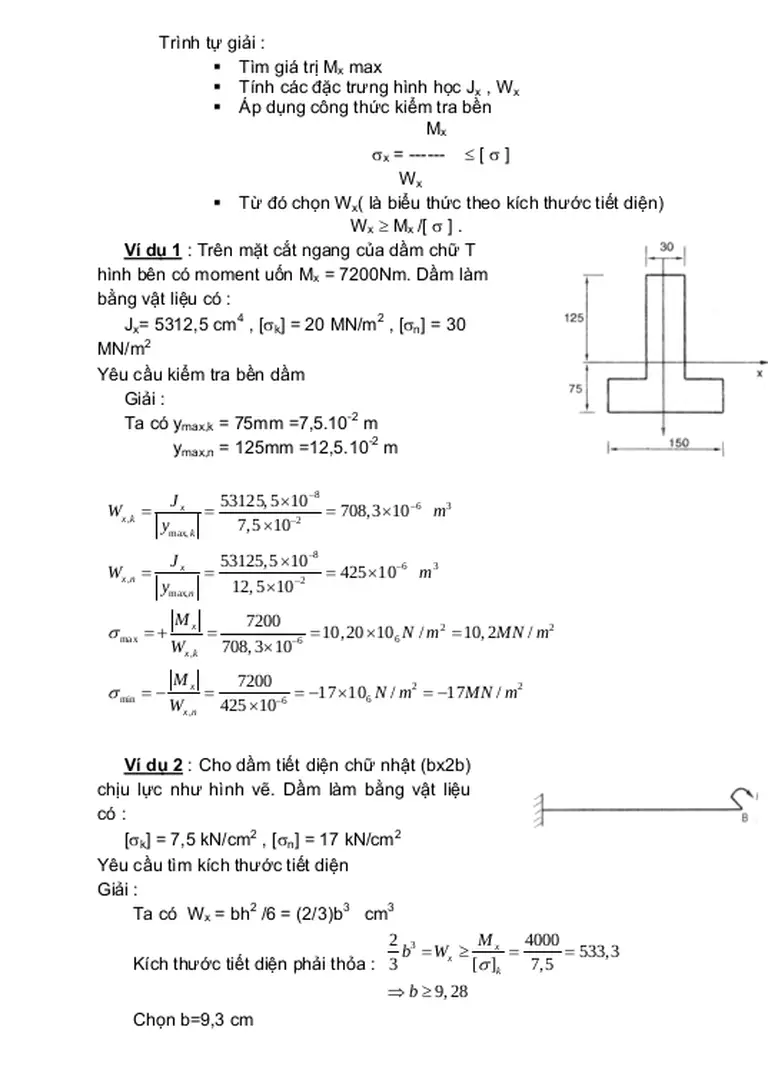 Hình bên có moment uốn M x  = 7200Nm. Dầm làm  bằng vật liệu có : 