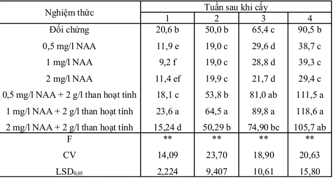 Hình 3.3: số rễ và chiều dài rễ (cm) của cây hoa hồng tỷ muội trong môi trường có  NAA khác nhau 4 tuần sau khi cấy