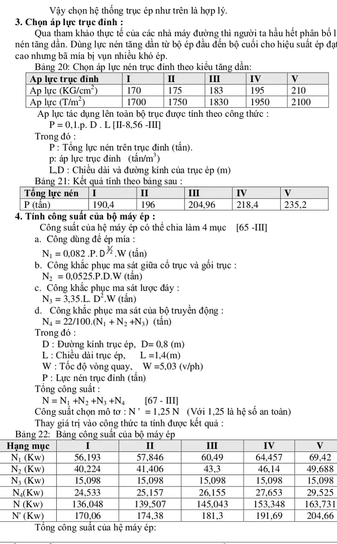 Bảng 20: Chọn áp lực nén trục đỉnh theo kiểu tăng dần: 
