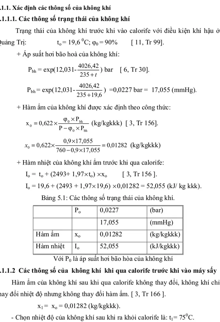 Bảng 5.1: Các thông số trạng thái của không khí. 