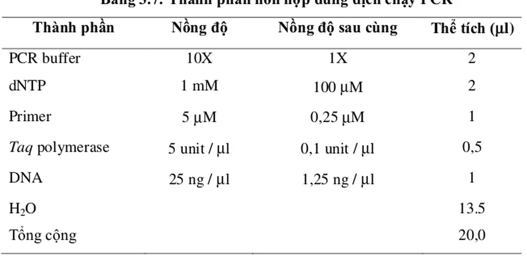 Bảng 3.7: Thành phần hỗn hợp dung dịch chạy PCR 