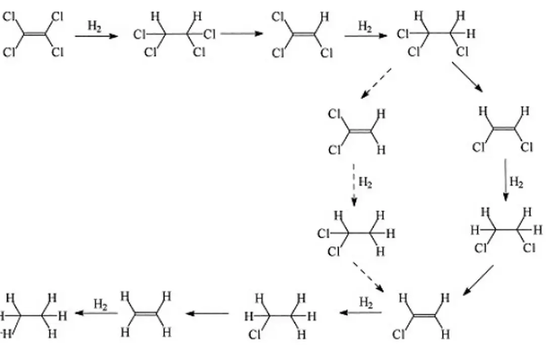 Hình 3: cơ chế phản ứng HDC TTCE với xúc tác đơn kim loại Pd [6].
