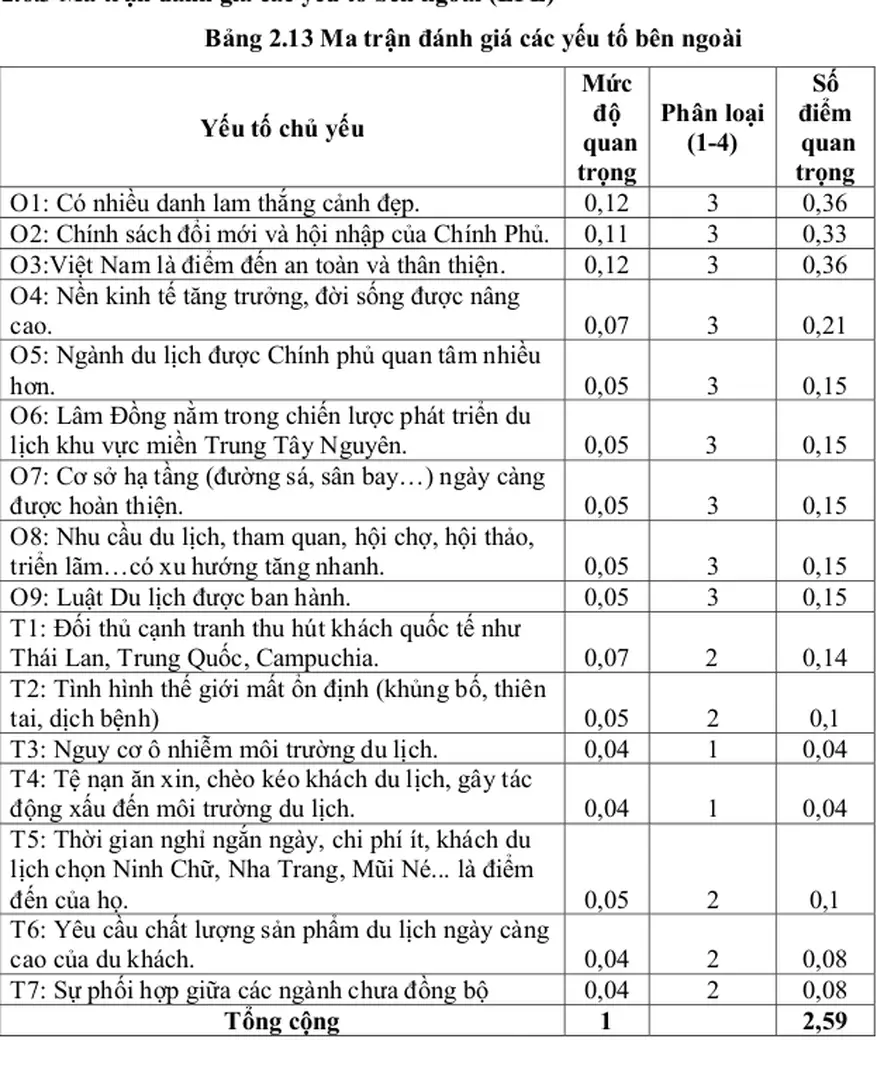 Bảng 2.13 Ma trận đánh giá các yếu tố bên ngoài 