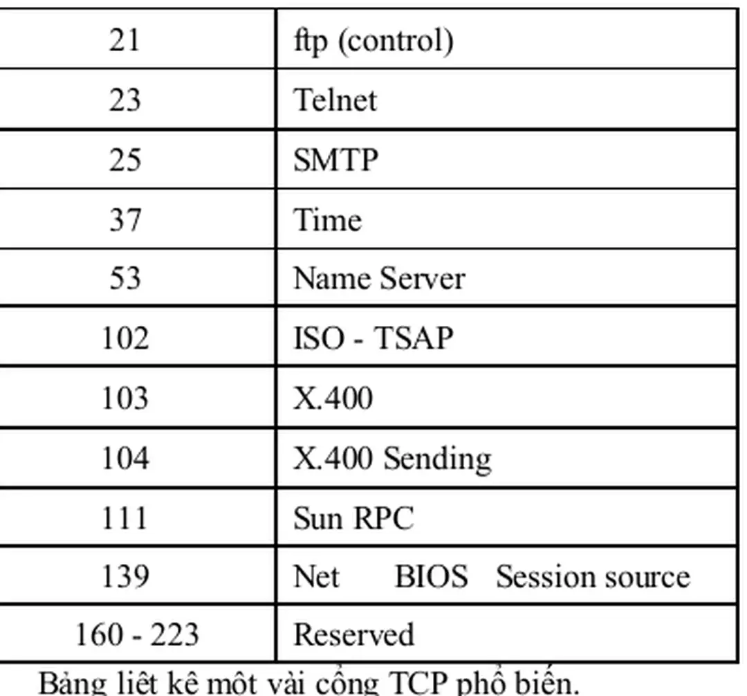 Bảng liệt kê một vài cổng TCP phổ biến.