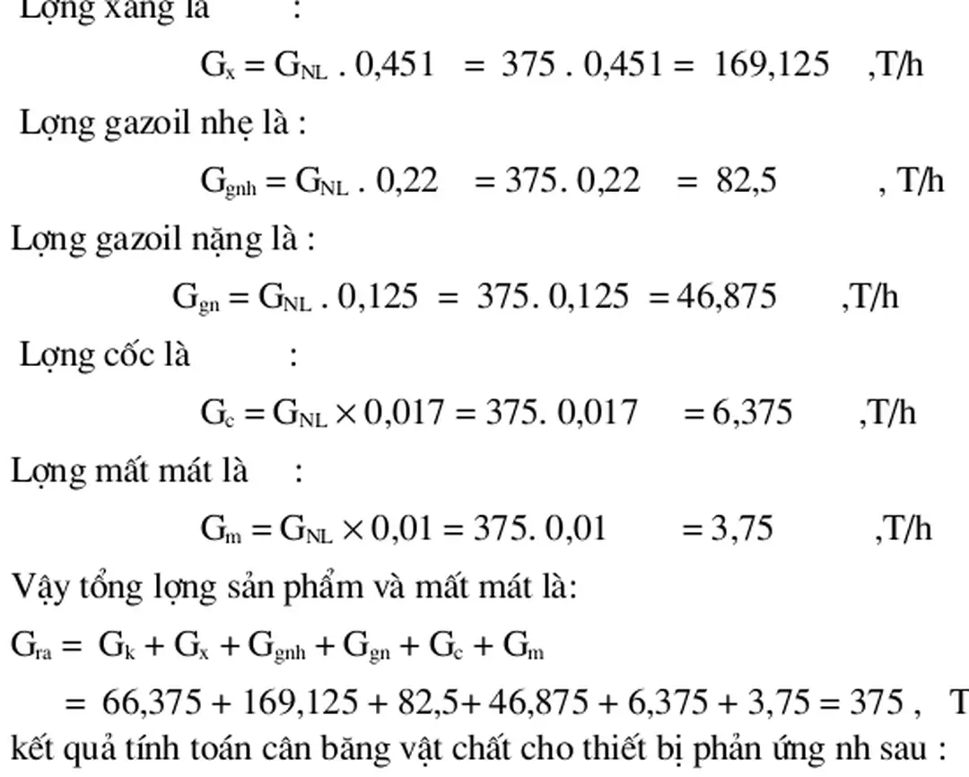 Bảng : Kết quả tính toán cân bằng vật chất cho thiết bị phản                 