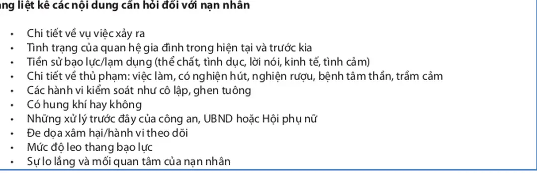 Bảng liệt kê các nội dung cần hỏi đối với nạn nhân