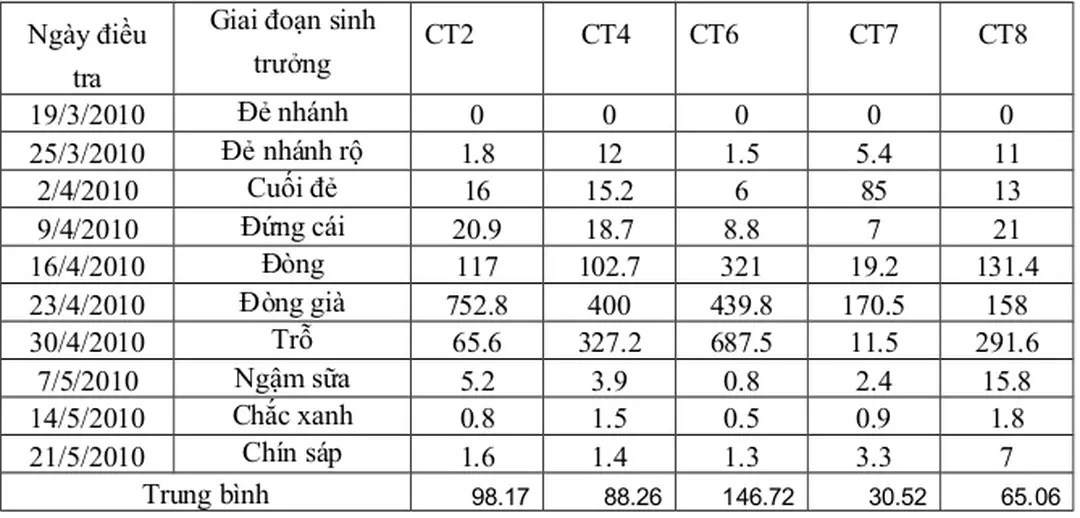 Bảng 4.8. Diễn biến mật độ rầy lưng trắng trên các công thức xử lý rầy lứa 2  vụ Xuân 2010.
