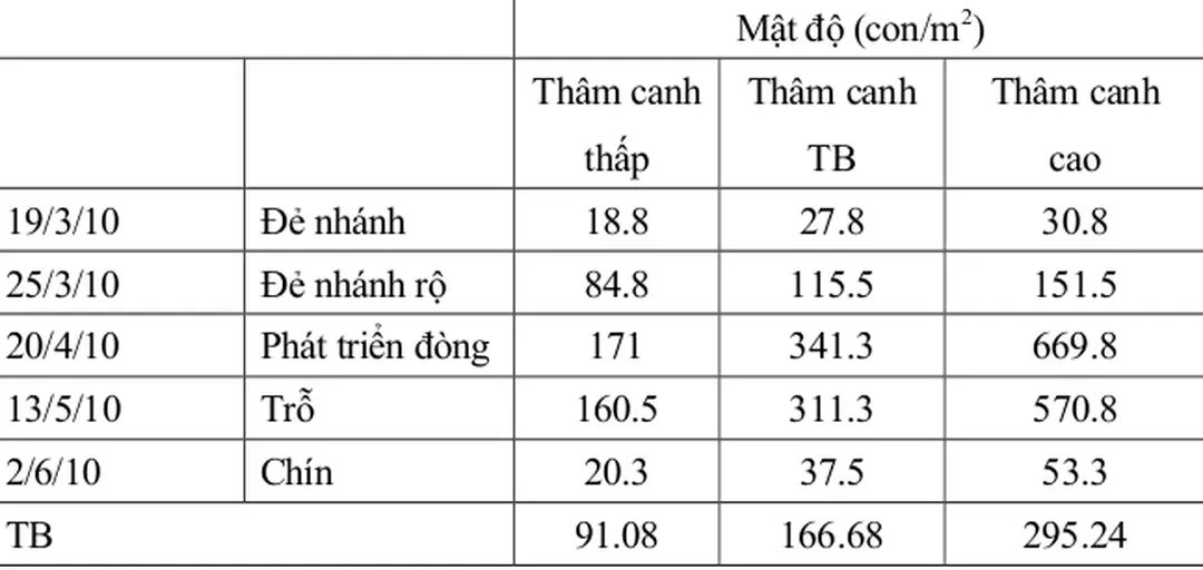 Bảng 4.4. Diễn biến mật độ rầy lưng trắng trên giống Bắc Thơm số 7 ở các mức độ thâm canh khác nhau vụ xuân 2010 tại Nam Trực Nam Định.