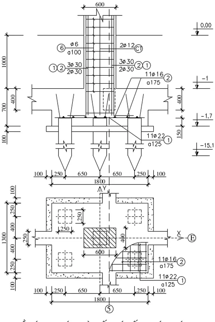Sơ đồ tính toán và bố trí cốt thép móng E5