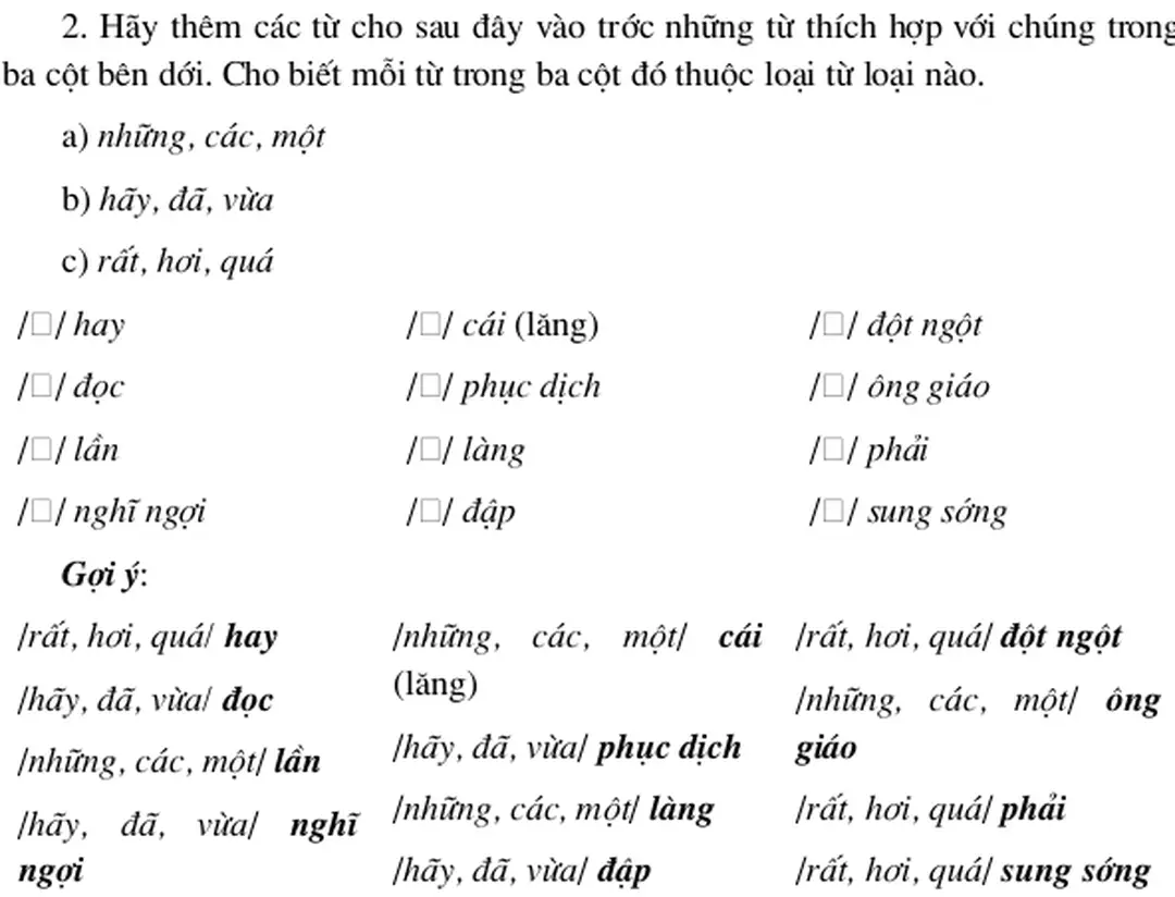 4. Bảng tổng kết về khả năng kết hợp của danh từ, động từ, tính từ: