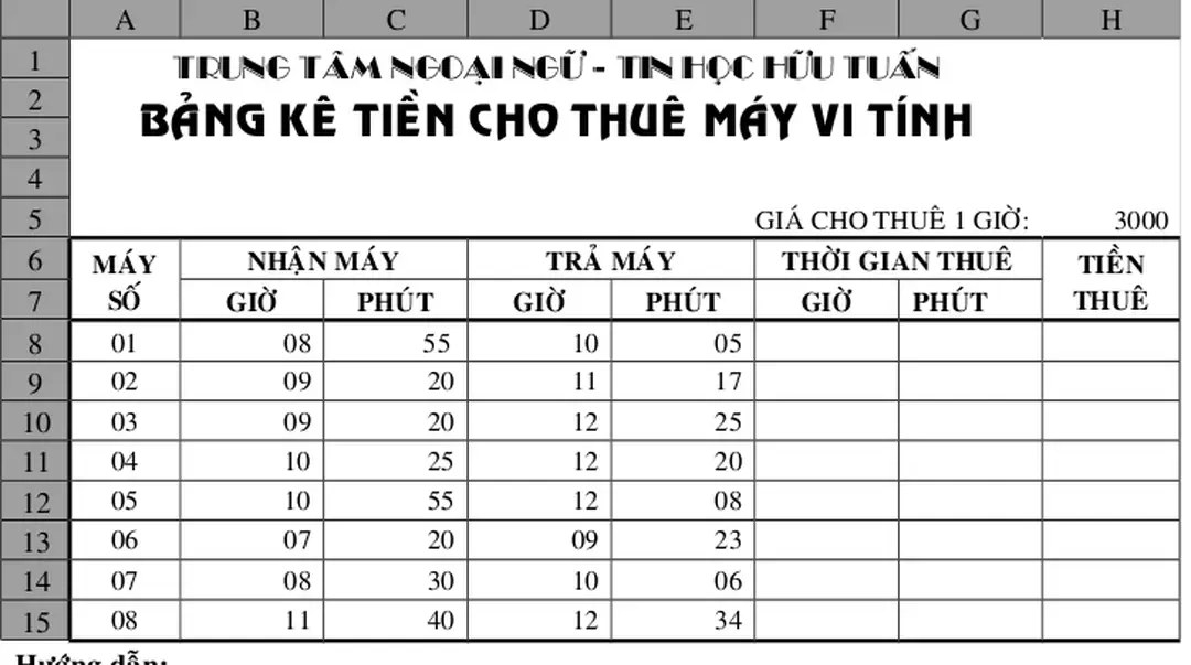 BẢNG KÊ TIỀN CHO THUÊ MÁY VI TÍNH