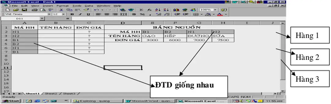 Bảng nguồn sắp xếp tăng dần theo A, B, ….,Z, nên cách dò là 1).