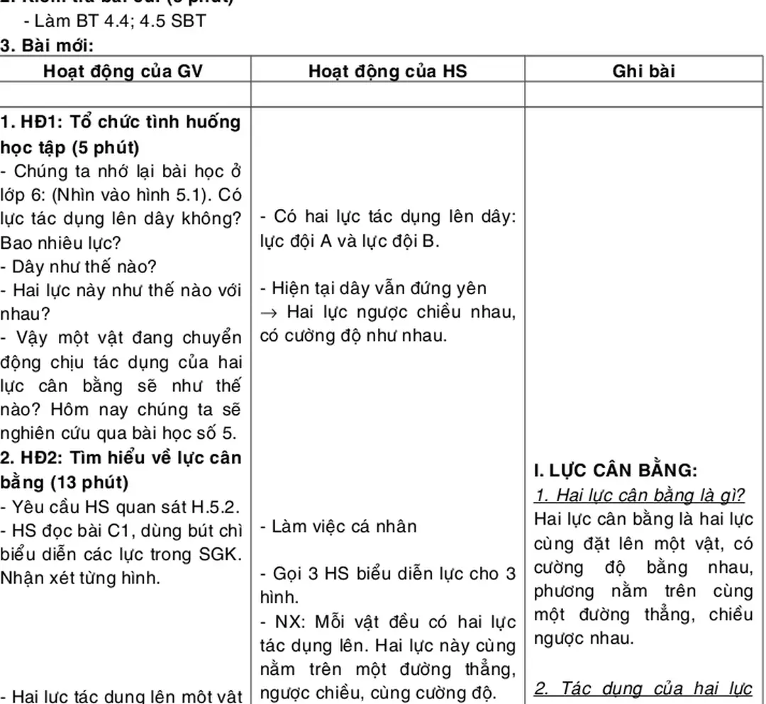 - Giáo viên: dụng cụ TN hình 5.2; 5.3; 5.4; Bảng 5.1 - Học sinh: Xem lại bài "Lực - Hai lực cân bằng"