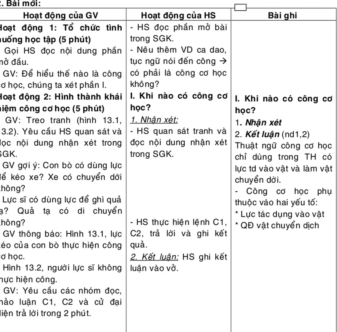 Hoạt động 2: Hình thành khái niệm công cơ học (5 phút)