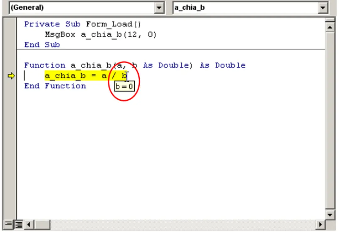 Hình trên khi di chuột lên biến b, giá trị biến b xuất hiện dưới dạng Tool tip  (giá trị b = 0)