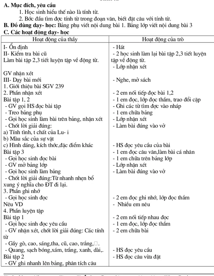 B. Đồ dùng dạy- học: Bảng phụ viết nội dung bài 1. Bảng lớp viết nội dung bài 3 C. Các hoạt động dạy- học