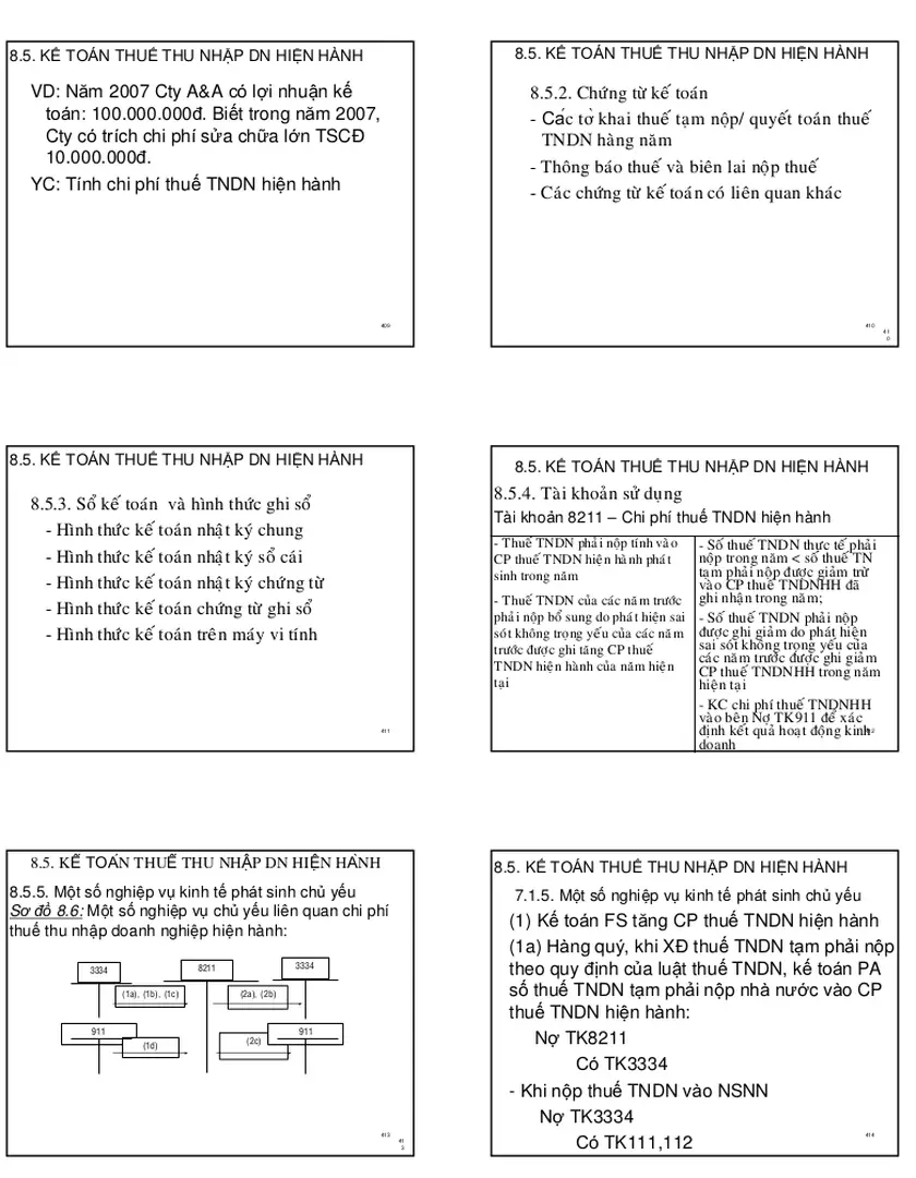 Sơ đồ 8.6: Một số nghiệp vụ chủ yếu liên quan chi phí thuế thu nhập doanh nghiệp hiện hành: