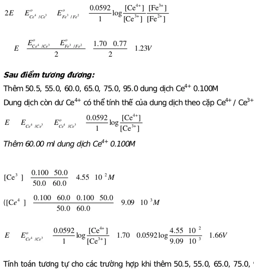 Bảng kết quả tính toán cho chuẩn 50.0 ml dung dịch Fe 2+  0.100M bằng dung  dịch Ce 4+  0.100M 