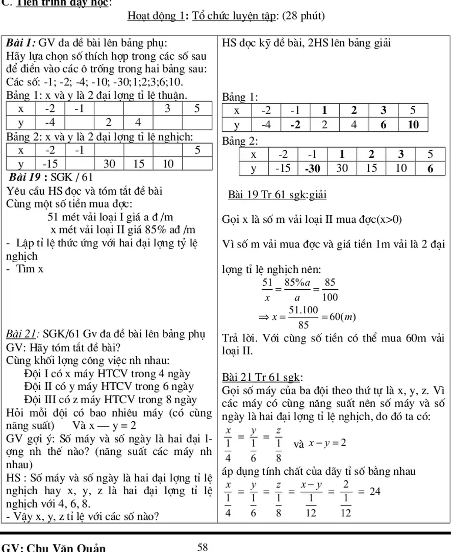 Bảng 1: x và y là 2 đại lợng tỉ lệ thuận.