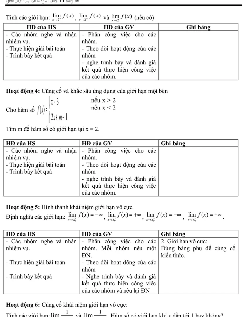 Hoạt động 5: Hình thành khái niệm giới hạn vô cực.
