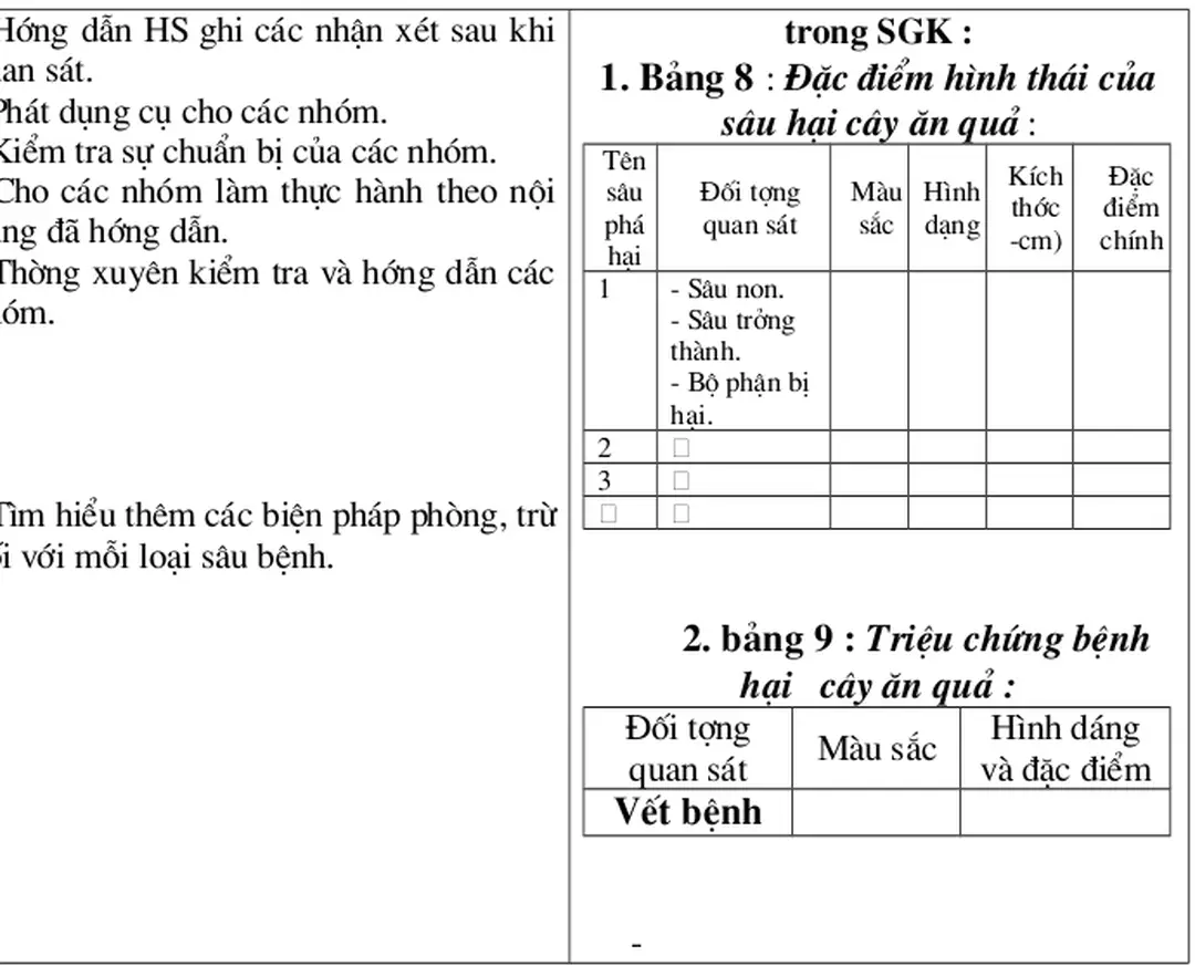 1. Bảng 8  :  Đặc điểm hình thái của sâu hại cây ăn quả  :