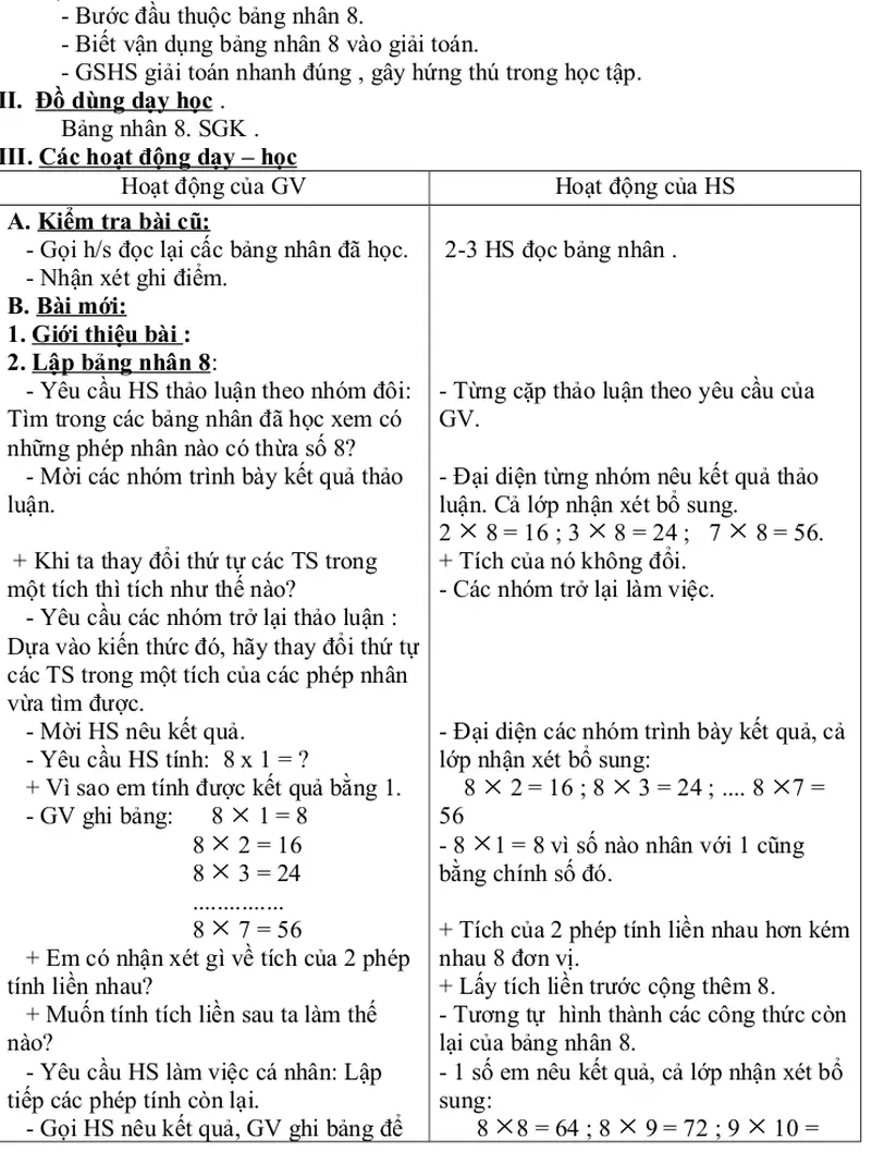 Bảng nhân 8. SGK .