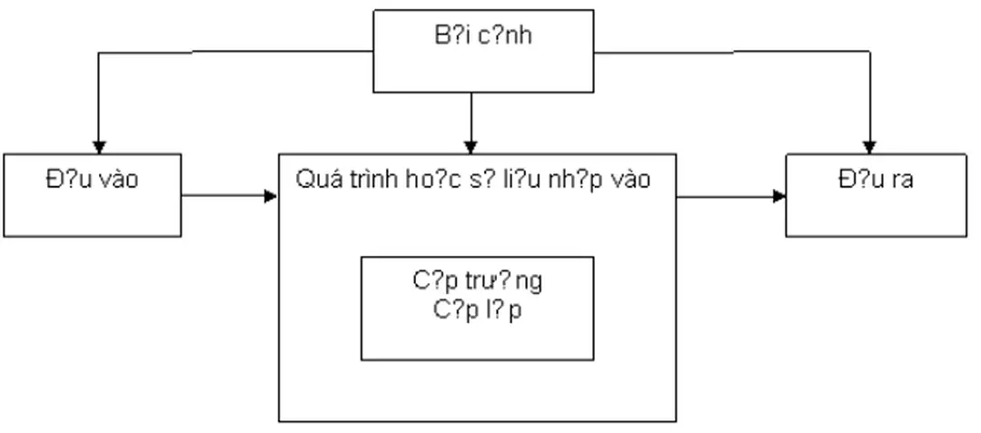 Sơ đồ dưới đây giúp xác định các đối tượng đánh giá một cách đầy đủ hơn. Bản thân mỗi yếu tố đầu vào, quá trình thực hiện, đầu ra và điều kiện thực tế (bối cảnh) đều được đánh giá.