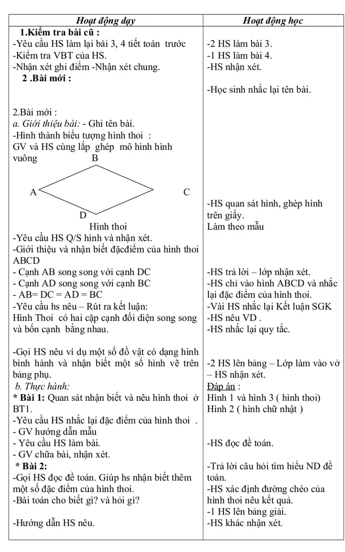 Hình Thoi  có hai cặp cạnh đối diện song song và bốn cạnh  bằng nhau. 