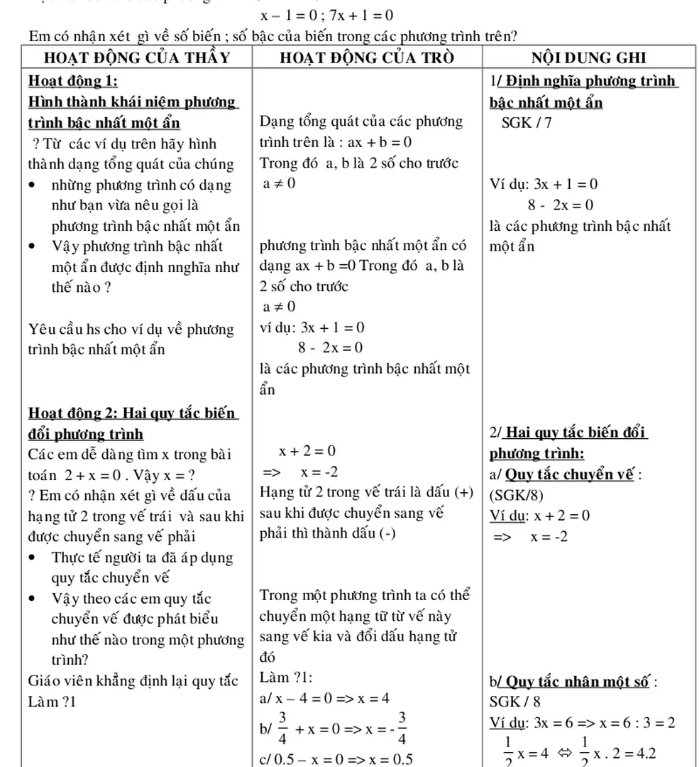 Hình thành khái niệm phương  trình bậc nhất một ẩn