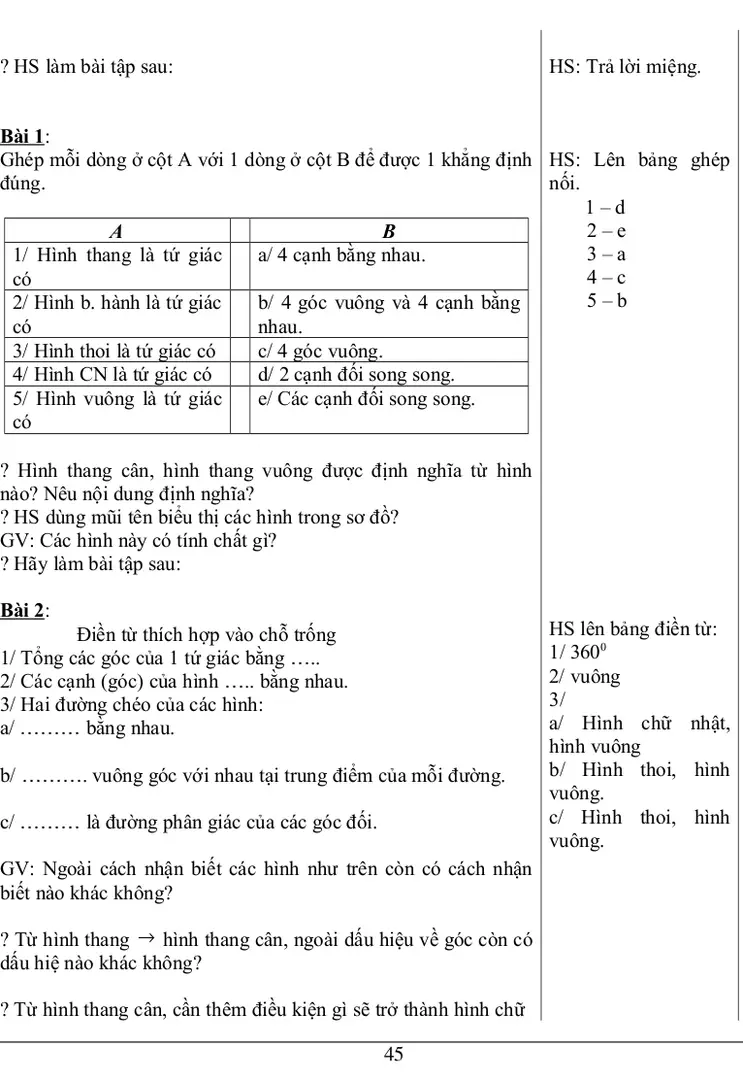 1/ Hình thang là tứ giác có
