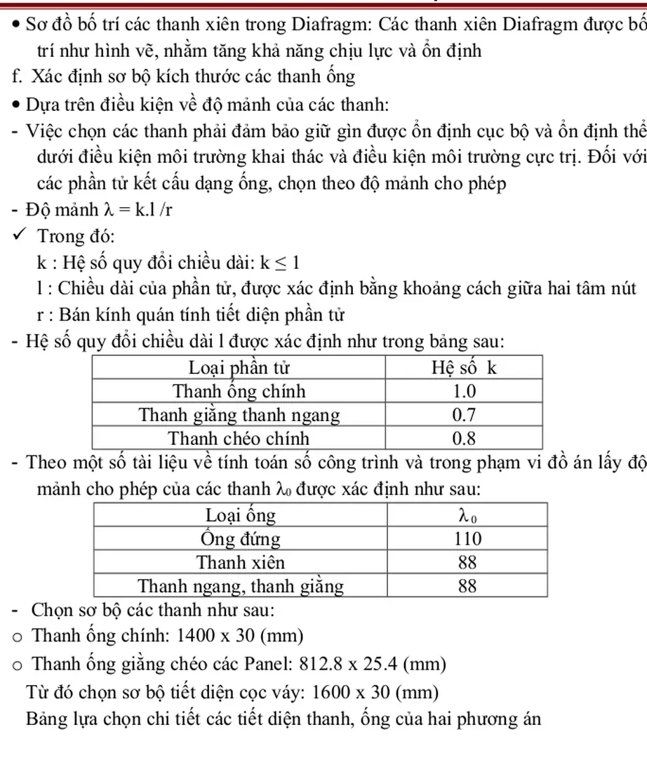 Bảng lựa chọn chi tiết các tiết diện thanh, ống của hai phương án