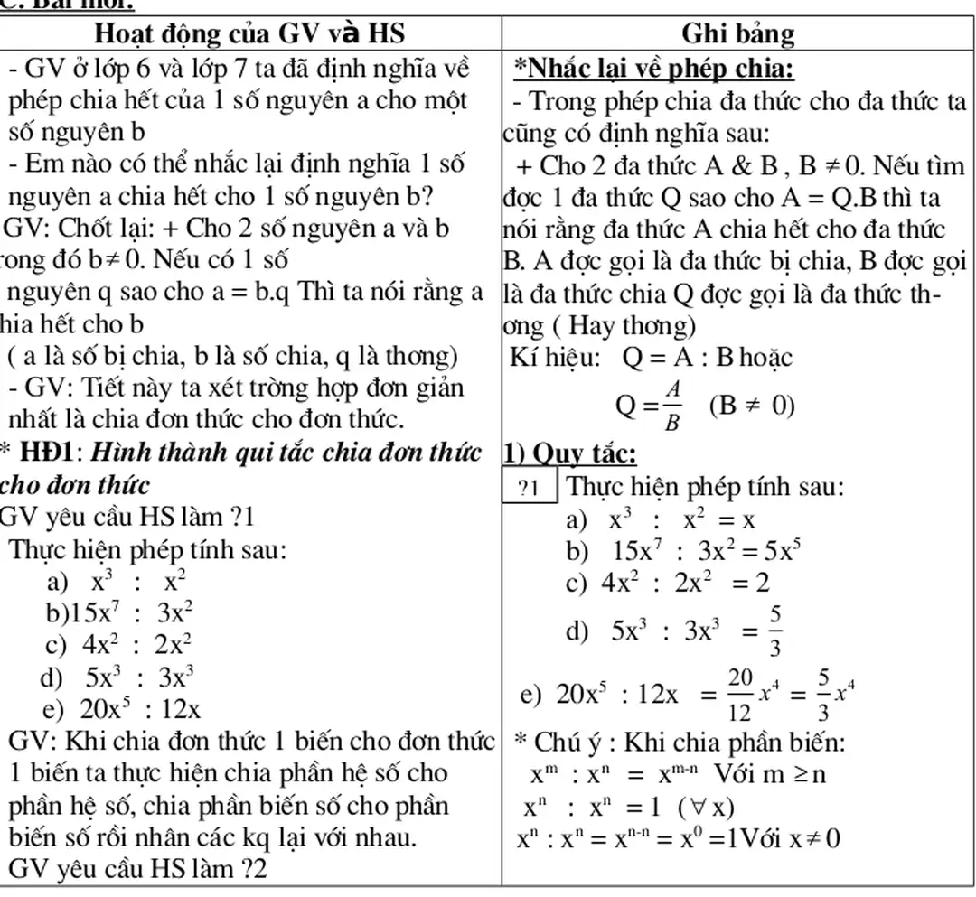 * HĐ1: Hình thành qui tắc chia đơn thức 