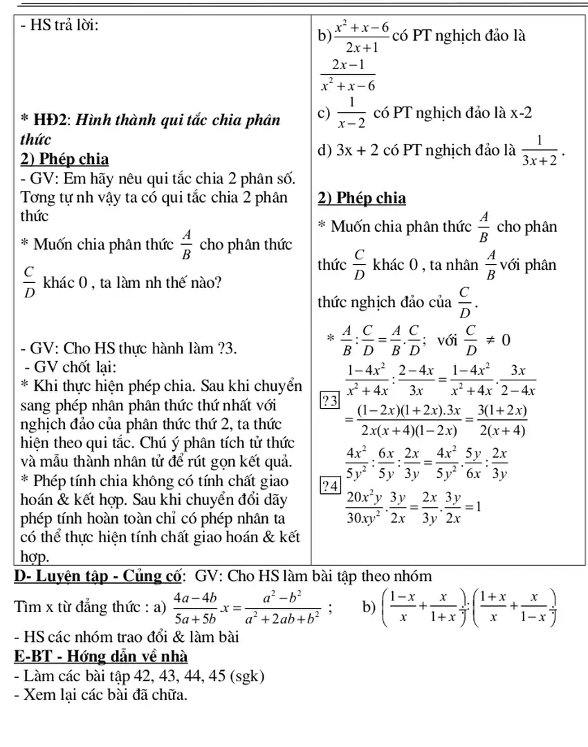 * HĐ2: Hình thành qui tắc chia phân 