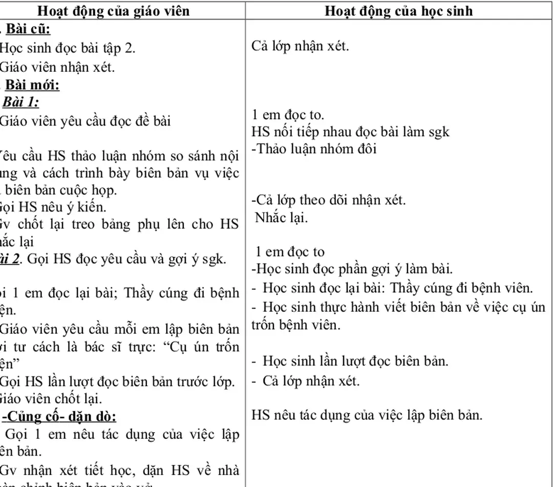 Bảng phị ghi sự giống nhau và khác nhau giữa biên bản vụ việc và biên bản cuộc họp.