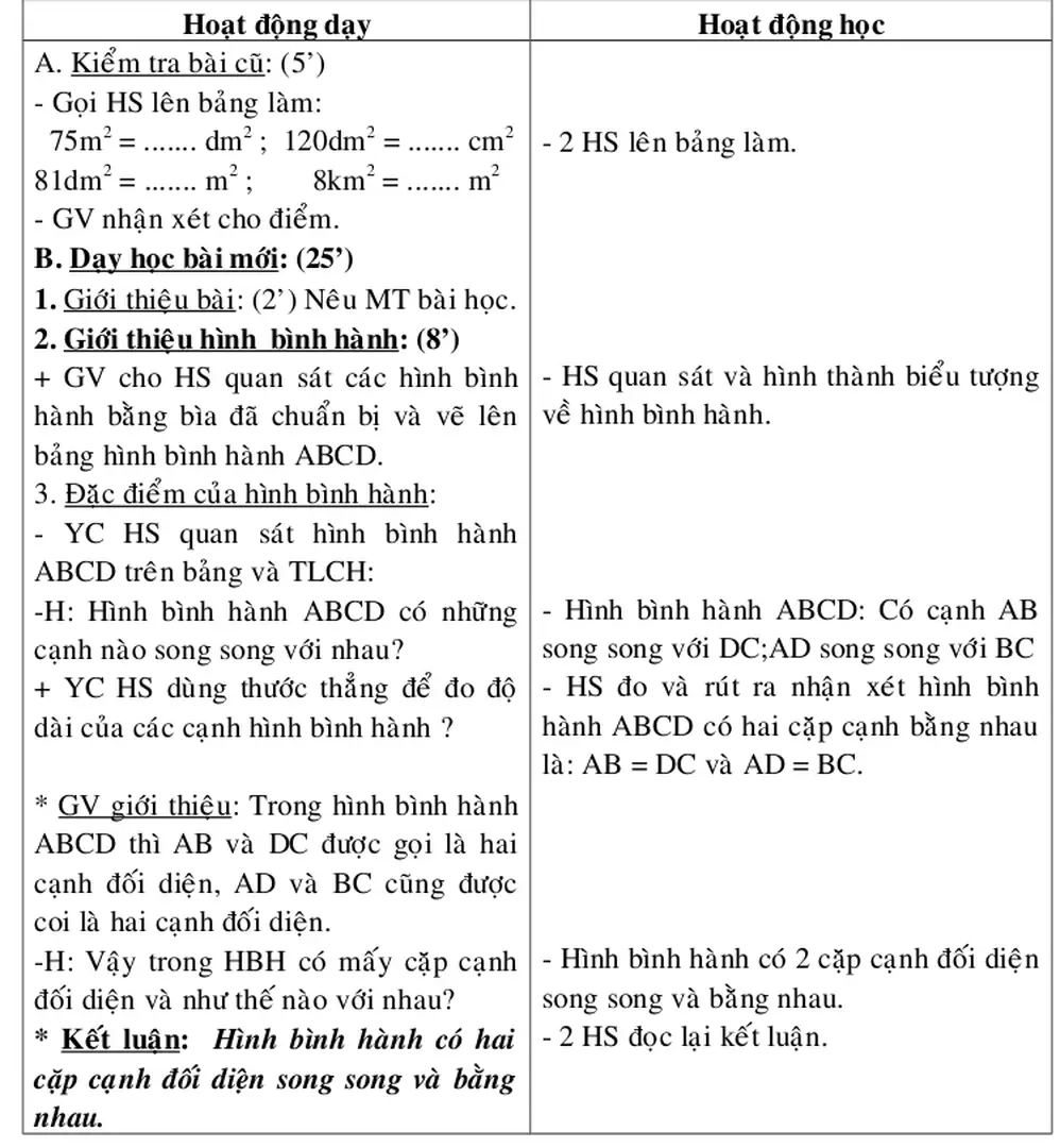 HÌNH BÌNH HÀNH I. Muùc tieõu:  + Giuựp HS: