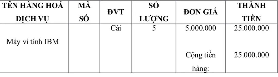 Hình thức thanh toán: tiền mặt TÊN HÀNG HOÁ 
