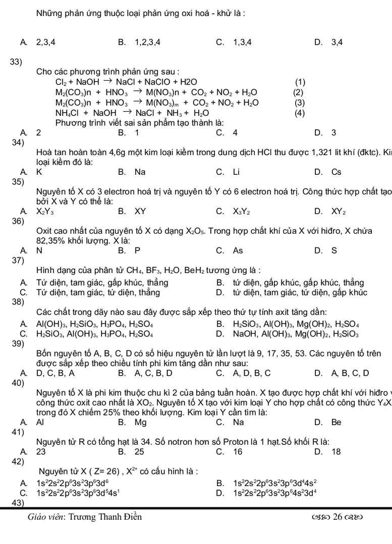 Hình dạng của phân tử CH 4 , BF 3 , H 2 O, BeH 2  tương ứng là :