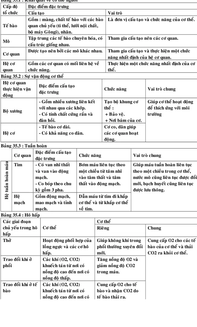 Bảng 35.1 : Khái quát về cơ thể người Cấp độ