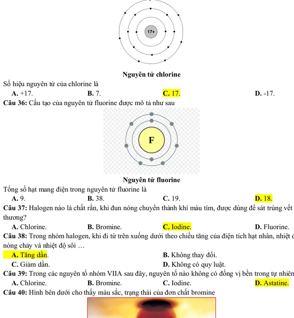Câu 40: Hình bên dưới cho thấy màu sắc, trạng thái của đơn chất bromine 