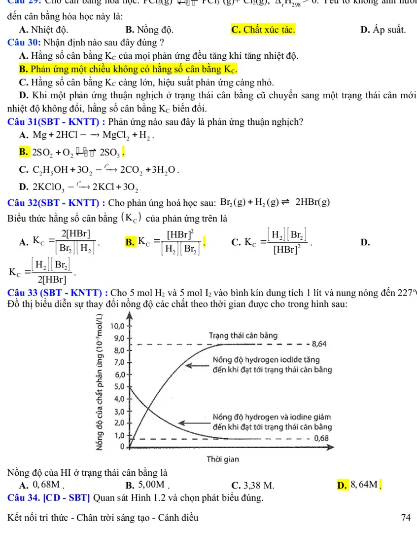 Đồ thị biểu diễn sự thay đổi nồng độ các chất theo thời gian được cho trong hình sau: