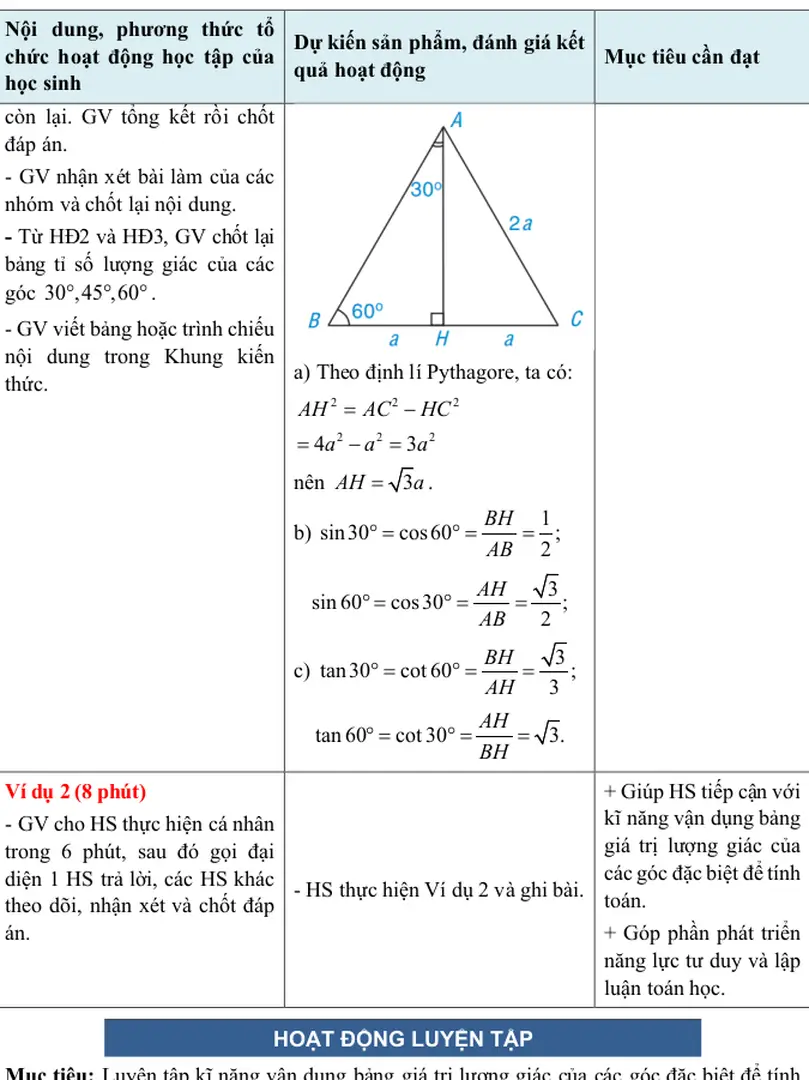 Bảng  tỉ  số  lượng giác của các  góc  30 , 45 , 60°° ° . 
