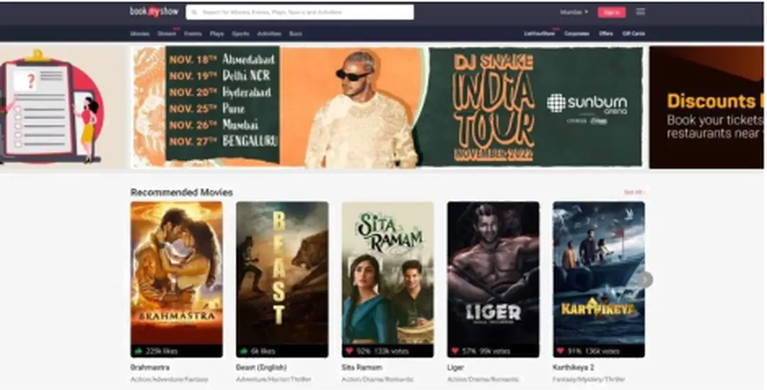 Hình 3 Giao diện trang chủ Book my Show