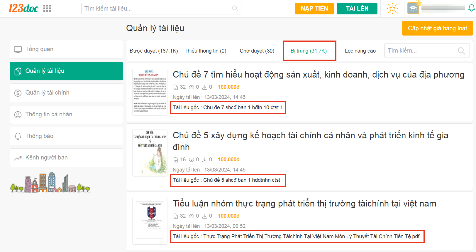 Danh mục t&agrave;i liệu tr&ugrave;ng