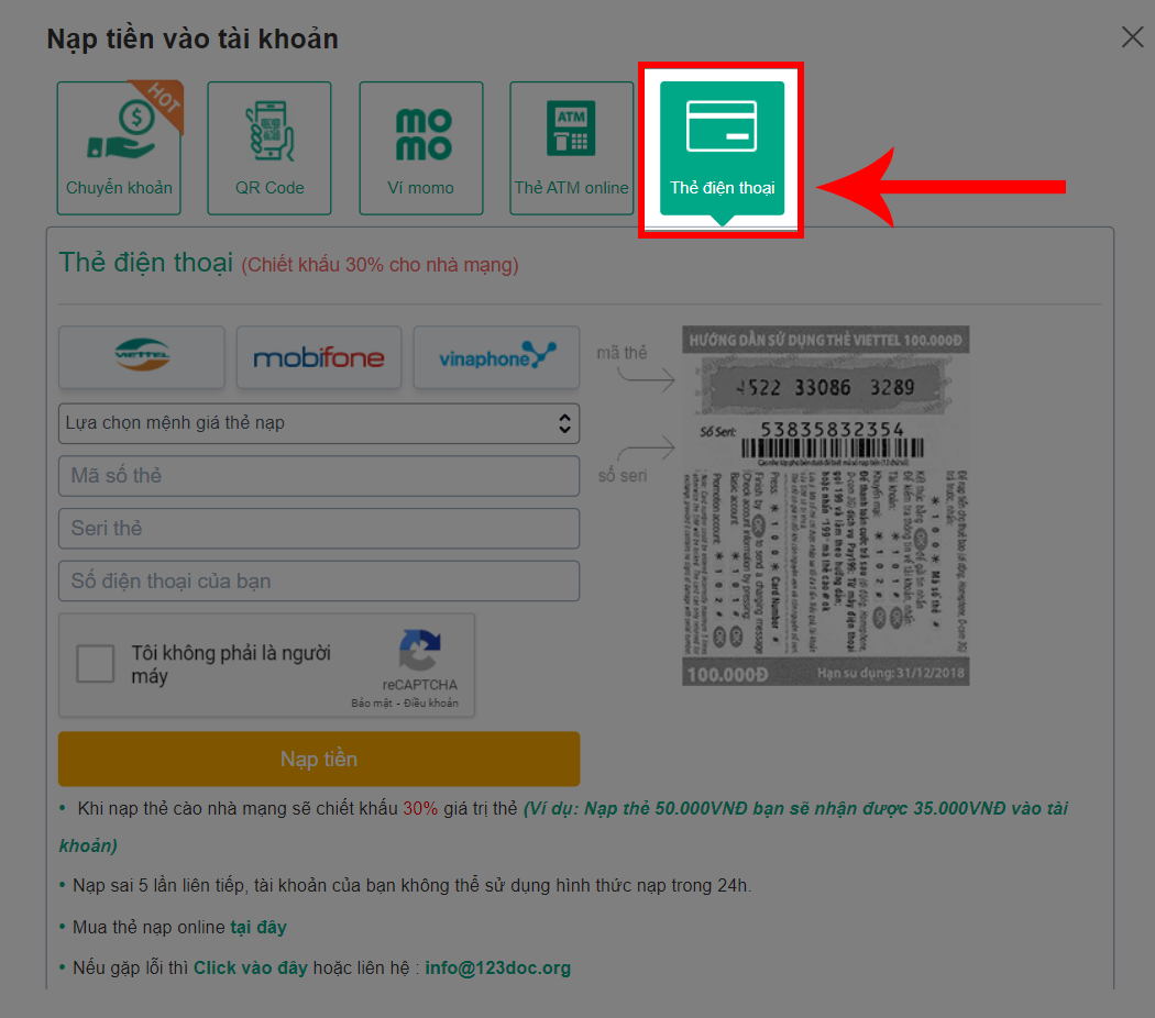 N&uacute;t nạp tiền thẻ điện thoại