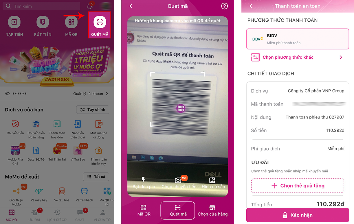 Qu&eacute;t QR app momo