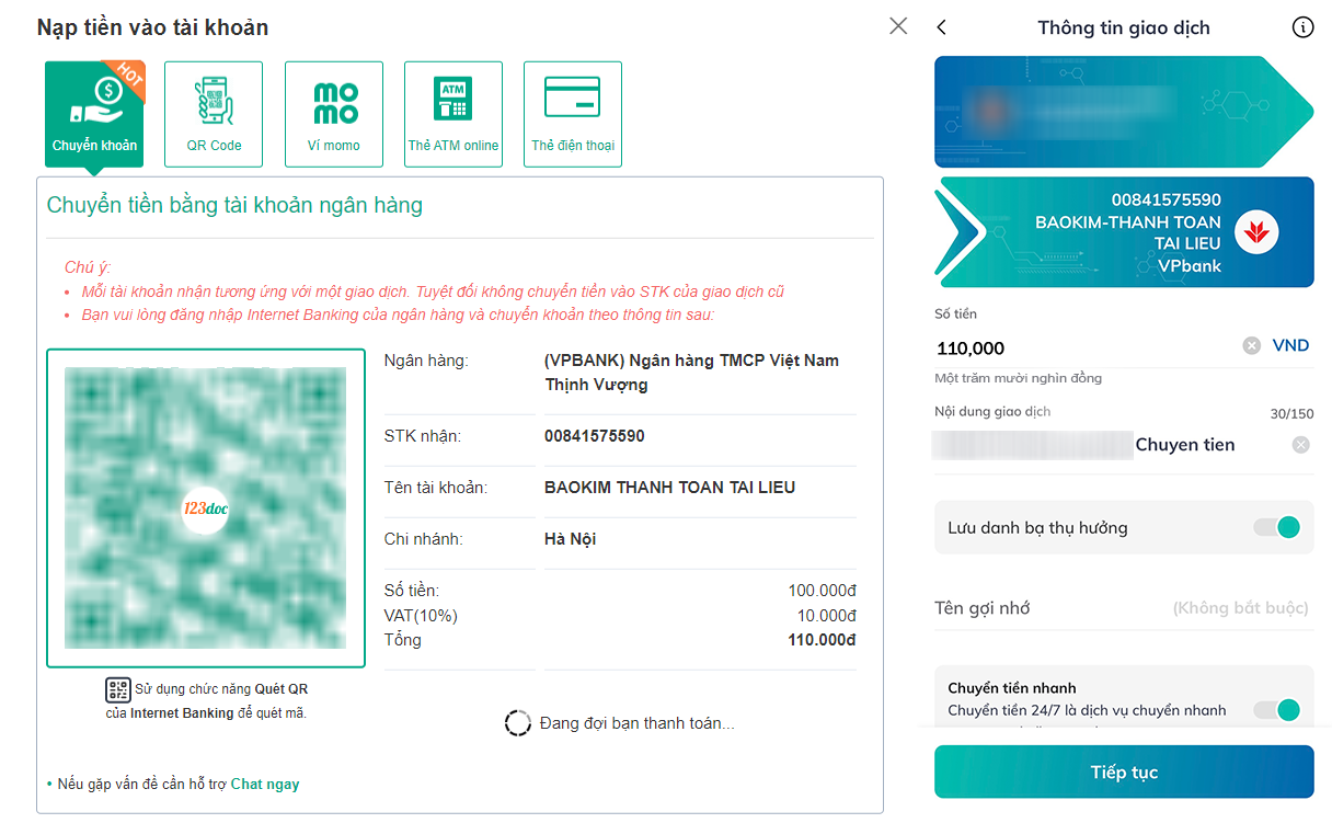 Qu&eacute;t QR chuyển khoản