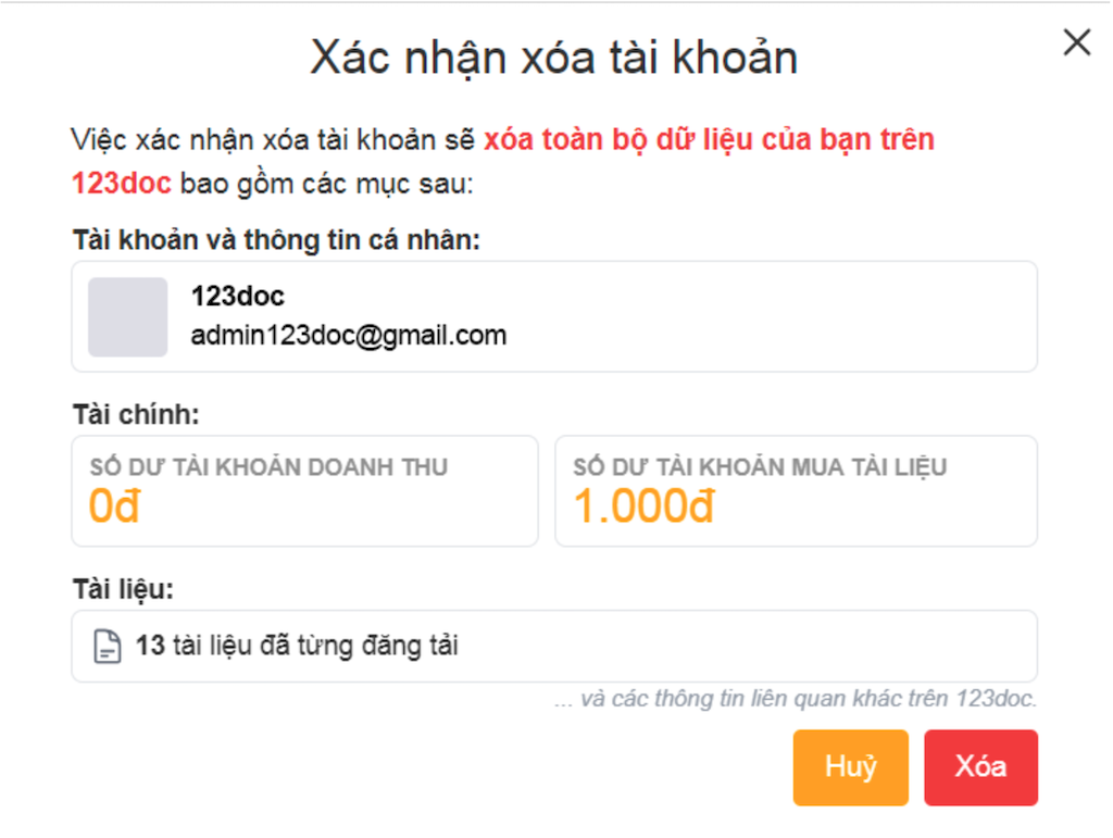 Th&ocirc;ng b&aacute;o x&aacute;c nhận x&oacute;a t&agrave;i khoản