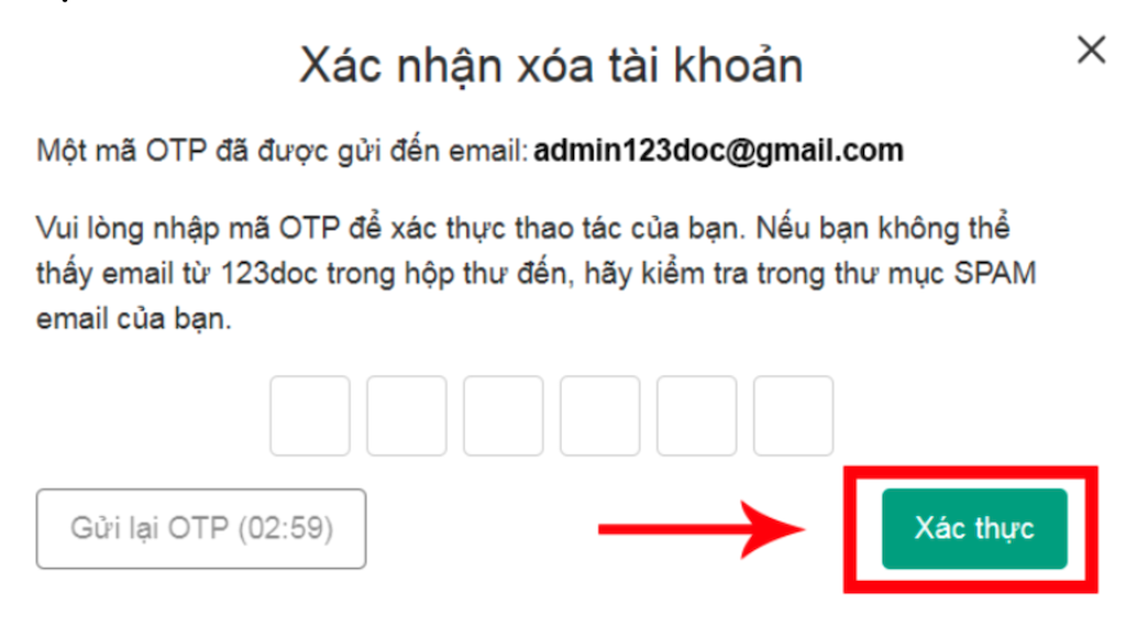 X&aacute;c nhận m&atilde; OTP x&oacute;a t&agrave;i khoản