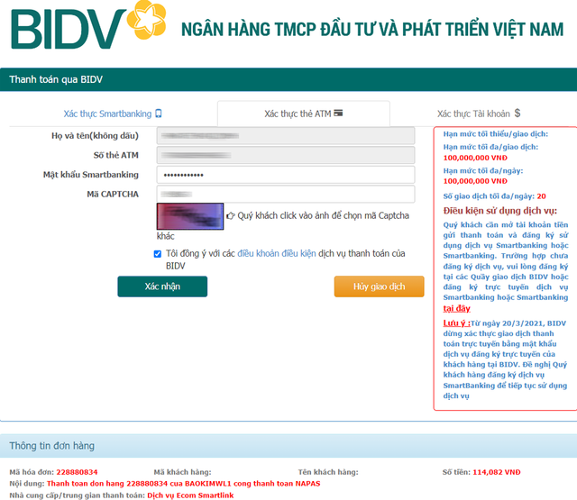 X&aacute;c nhận thanh to&aacute;n ATM